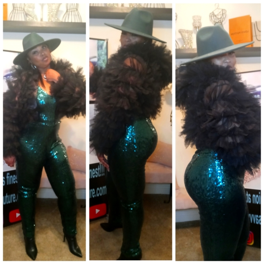 Curvy Plus Emerald Green Sequin Halter Criss Cross Spaghetti Strap Jumpsuit.